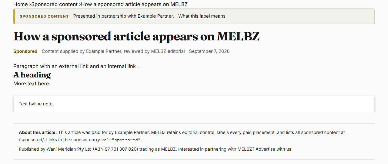 Illustration of how a sponsored article is laid out on melbz.com.au: partnership banner above the headline, Sponsored label in the byline, footer note